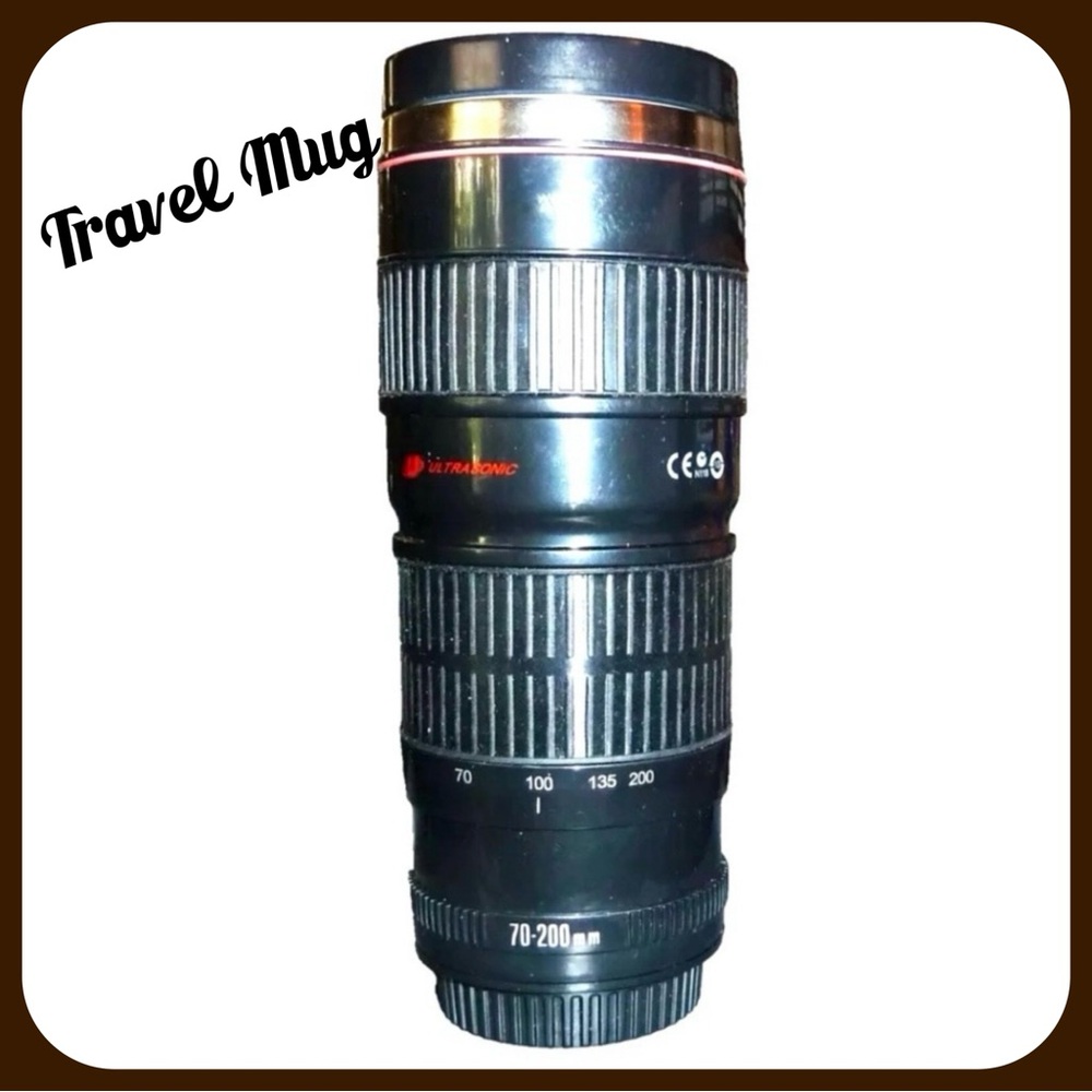 MUG-LOOKS LIKE A CAMERA LENS-TRAVEL MUG IN BLACK- HARD PLASTIC-NEW IN BOX